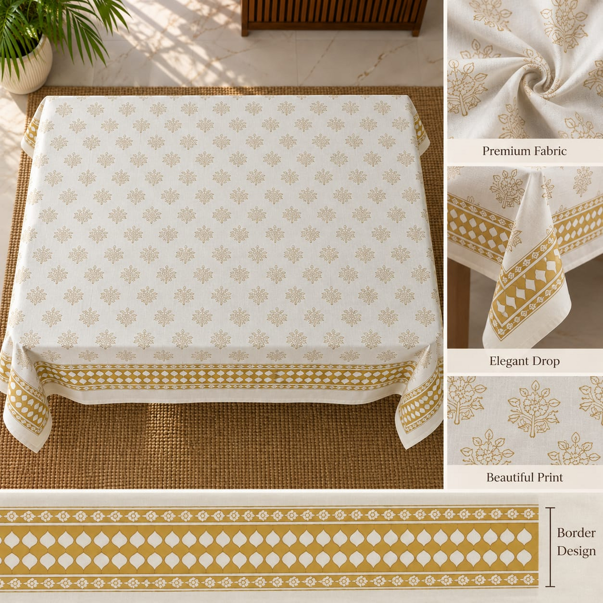 Golden Floral Printed Cotton Table (6 seater)