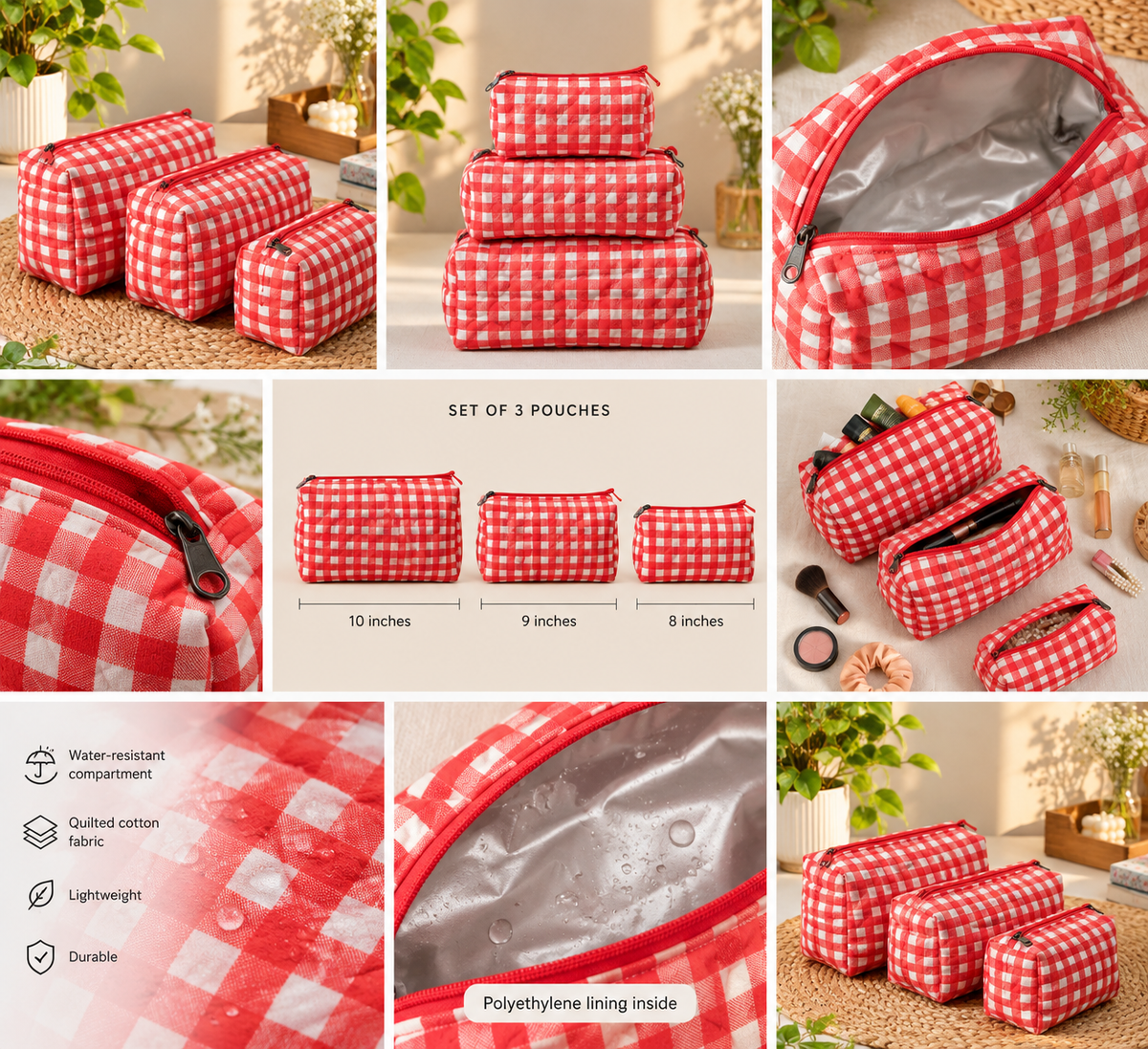 Red Quilted Cotton Pouch Set (Pack of 3)