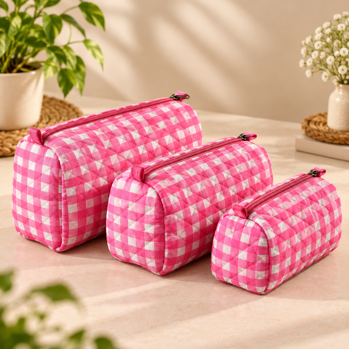Pink Quilted Gingham Pouches ( Pack of 3 )
