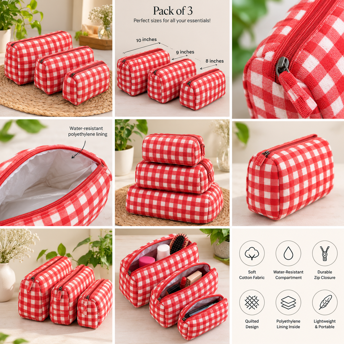 Red Quilted Cotton Pouch Set (Pack of 3)