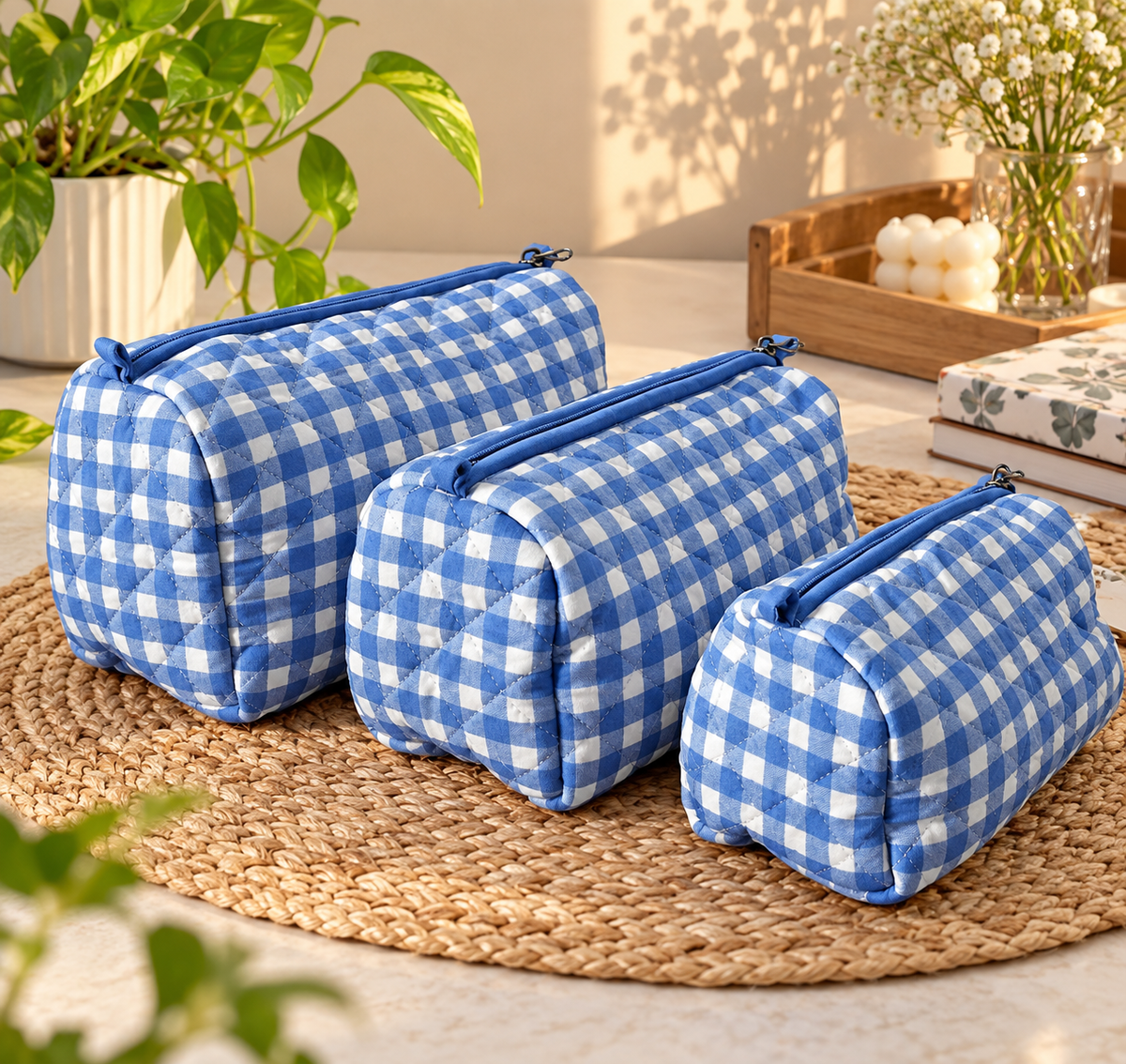 Blue Quilted Cotton Pouch Set (Pack of 3)
