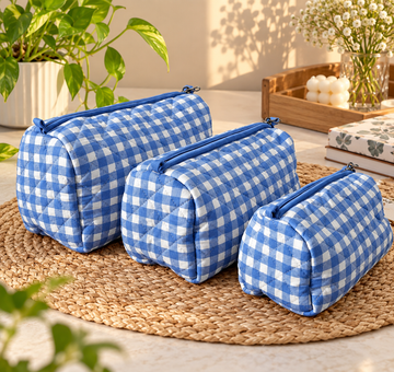 Blue Quilted Cotton Pouch Set (Pack of 3)