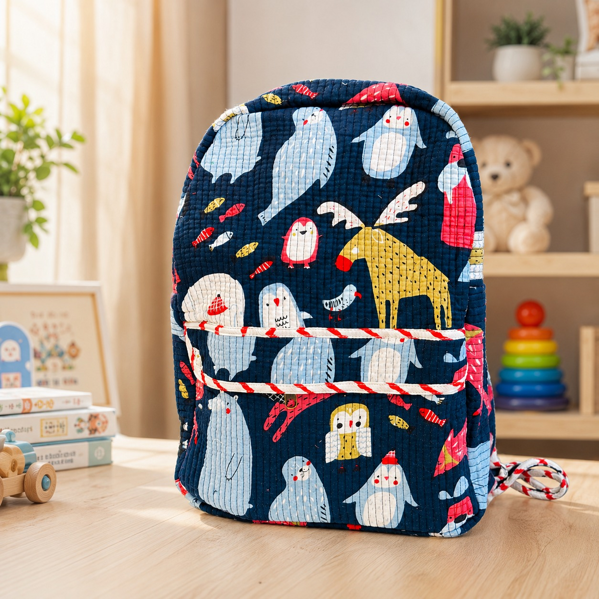 Quilted Cotton Animal Print Backpack – Dark Blue