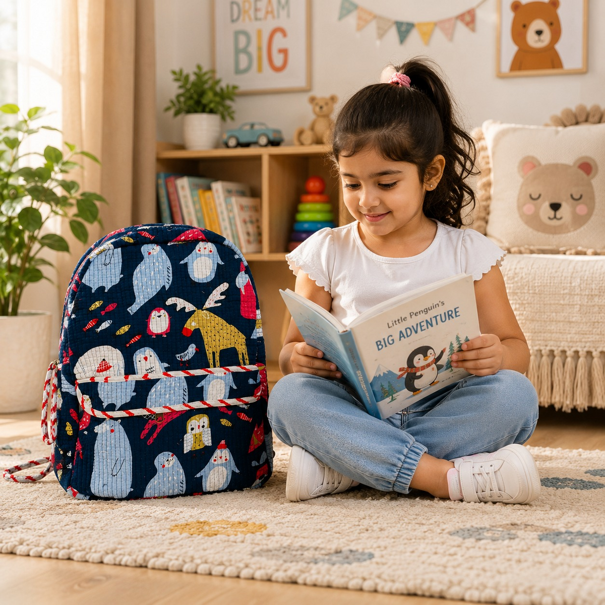 Quilted Cotton Animal Print Backpack – Dark Blue