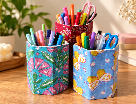 Handmade Fabric Pen Stand – A Touch of Tradition for Your Desk (Set of 2)& (Set of 5)