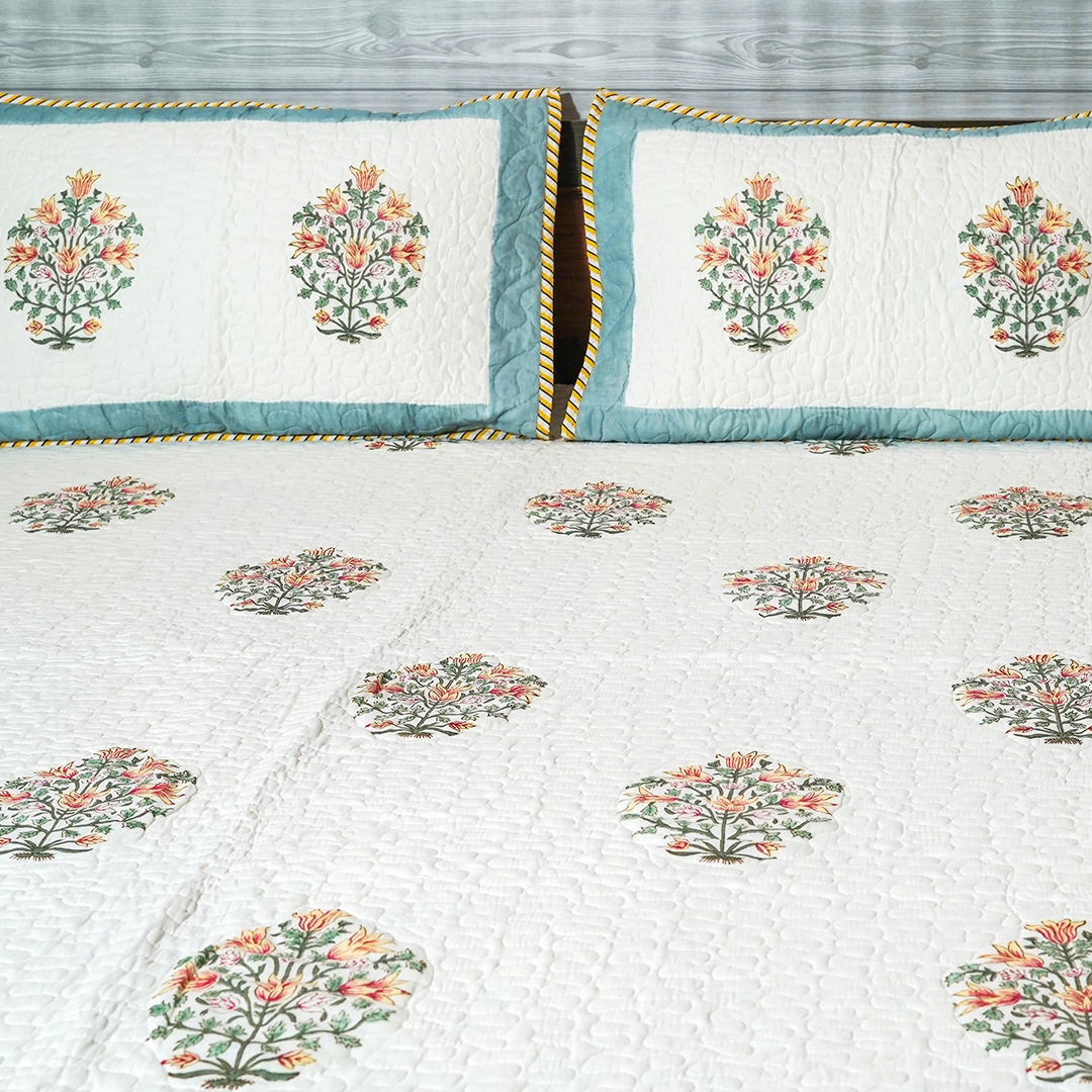 Mughal Floral Block Print Quilted Bedcover
