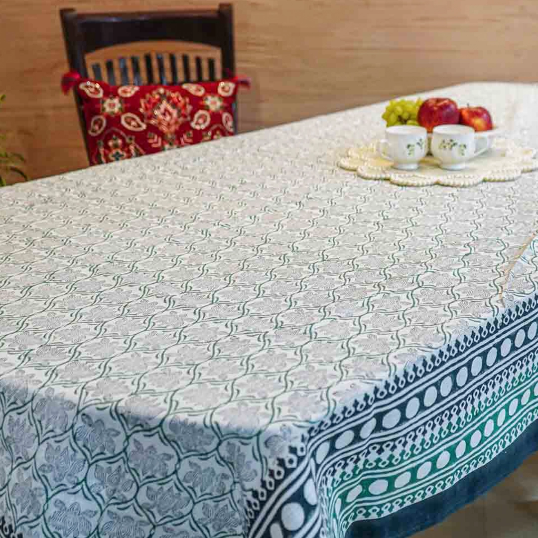 Midnight Green & White Block Print  6 Seater Dining Table Cover