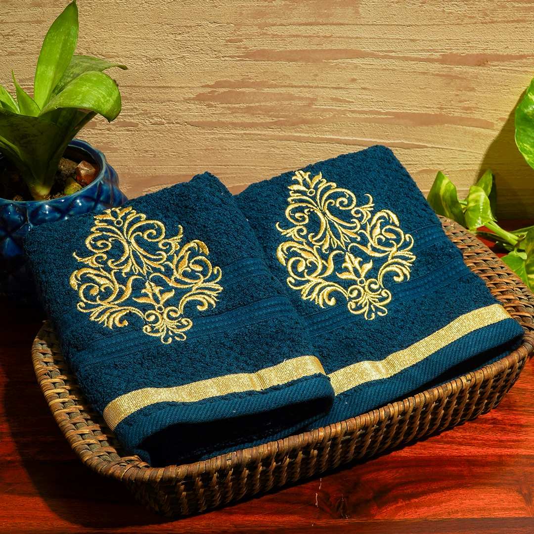 Blue and Gold Embroidered Hand Towels Set Of 2