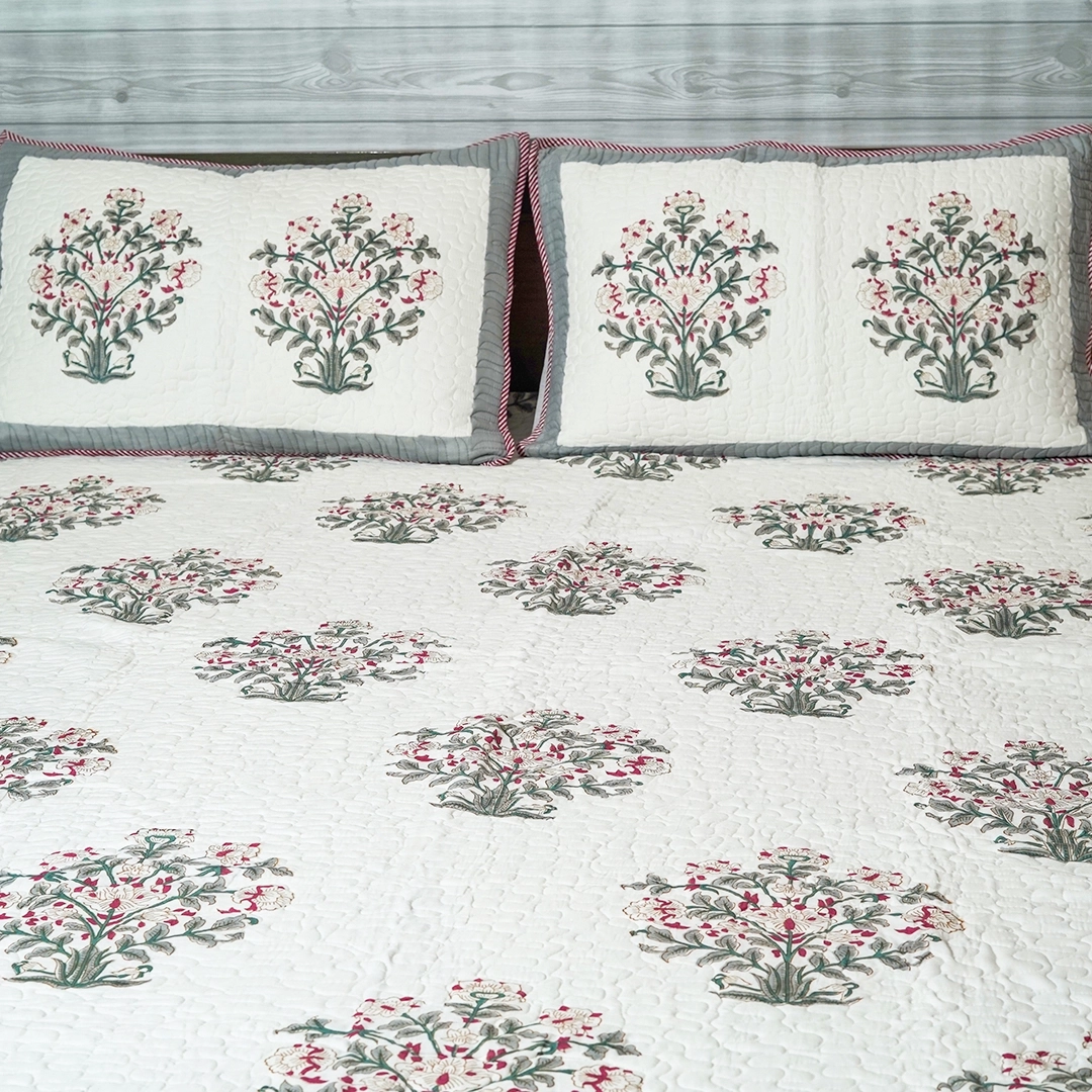 Mughal Blossom Handblock Quilted Bedcover