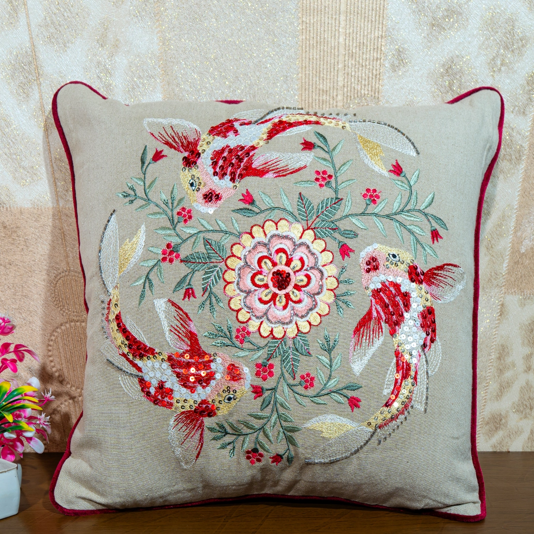 Embroidered Koi Fish Cushion Cover