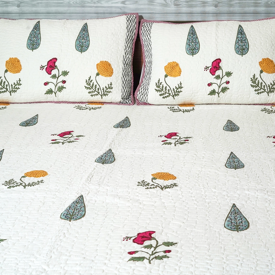 Marigold & Paisley Handblock Quilted Bedcover