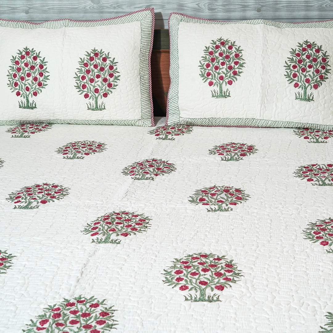 Orchid Bloom Handblock Quilted Bedcover