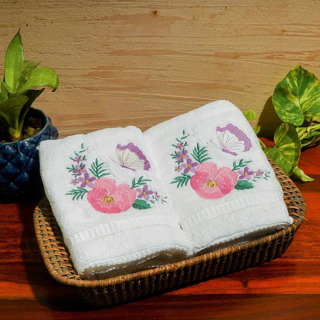 Embroidered Butterfly Hand Towels Set Of 2