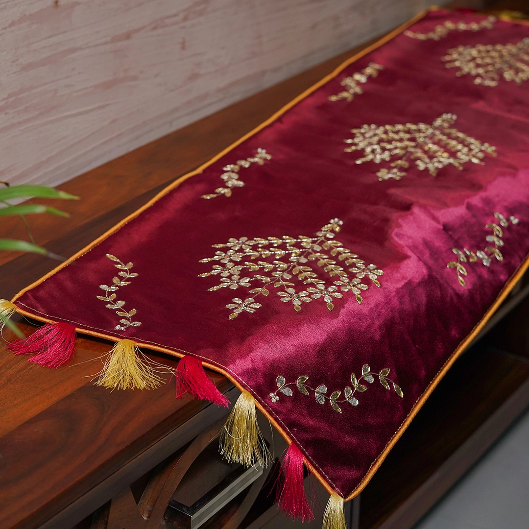 Maroon and Gold Embroidered Table Runner