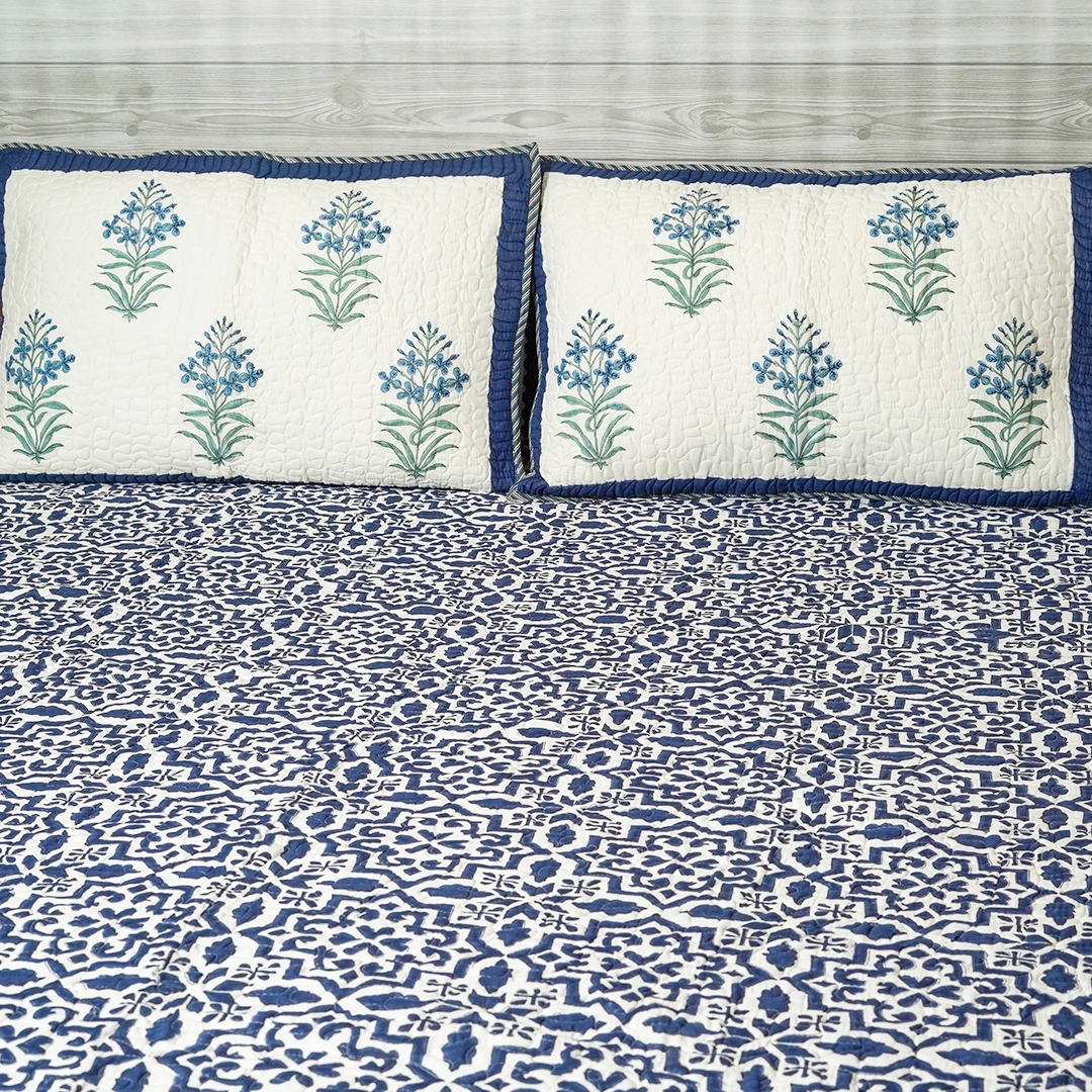 Floral and Geometric Handblock Quilted Bedcover 