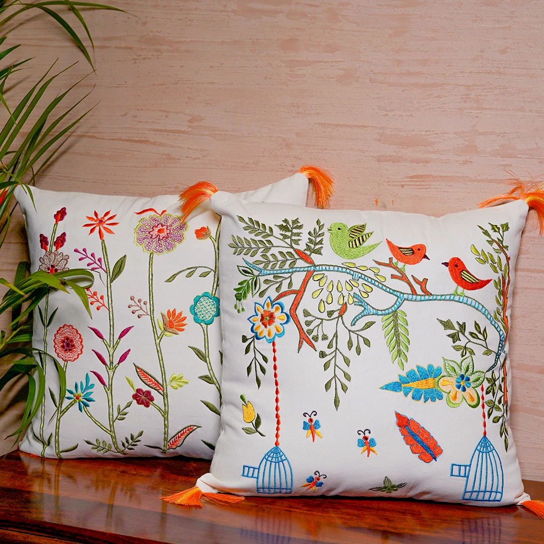 Chirpy Birds/Floral Cushion Covers,Set Of 2